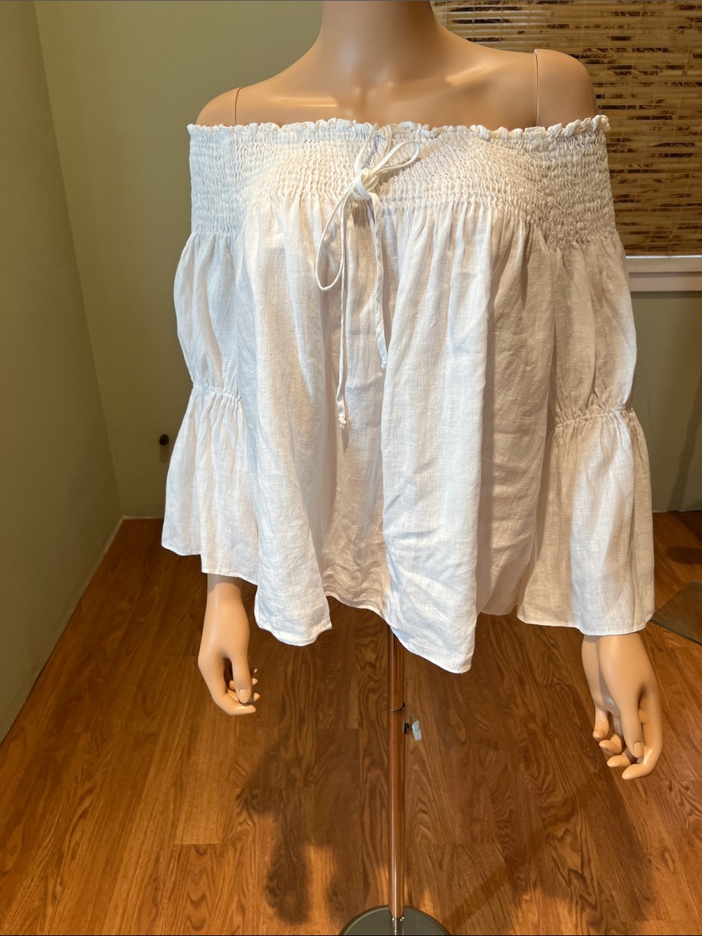 Zara Off-Shoulder White Linen Peasant Blouse Size XL